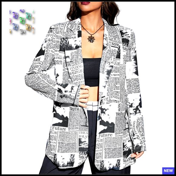 Jackets & Blazers - Newspaper Print Blazer Lapel Collar Long Sleeve Work Office Jacket Soft Stretch
